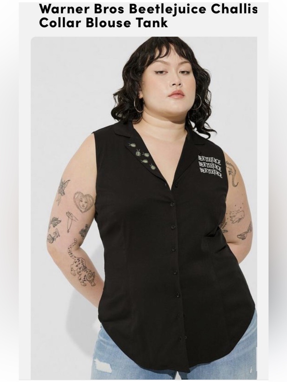 Torrid Beetlejuice Black Sleeveless Button-Down Shirt Collar Top - Size 3 / 3X